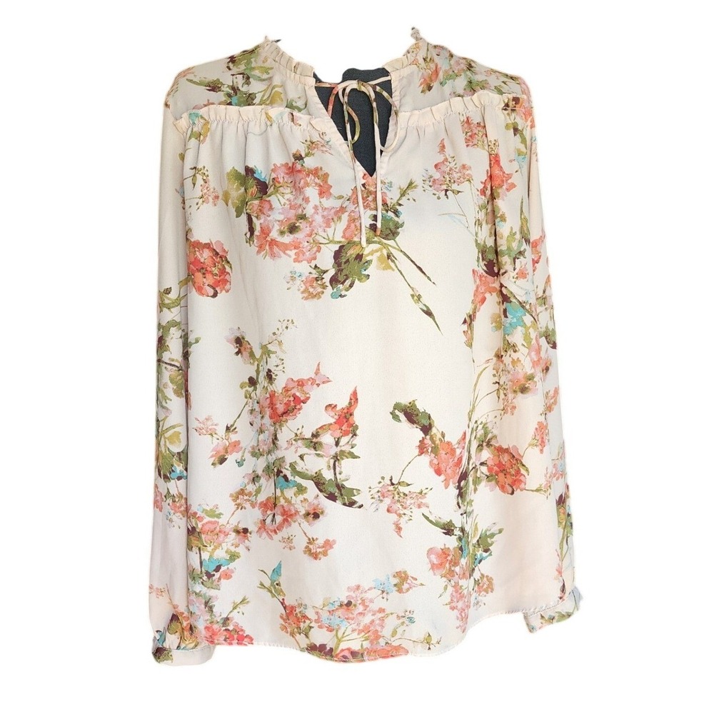 Violet‎ + Claire Floral Blouse Women Small Cream Pink Ruffle Tie Neck